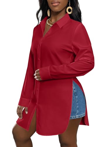 Image of LYANER Women's Collar Neck Long Sleeve Button Down Shirts Sexy Split Hem Tops Long Blouse Shirt Dress