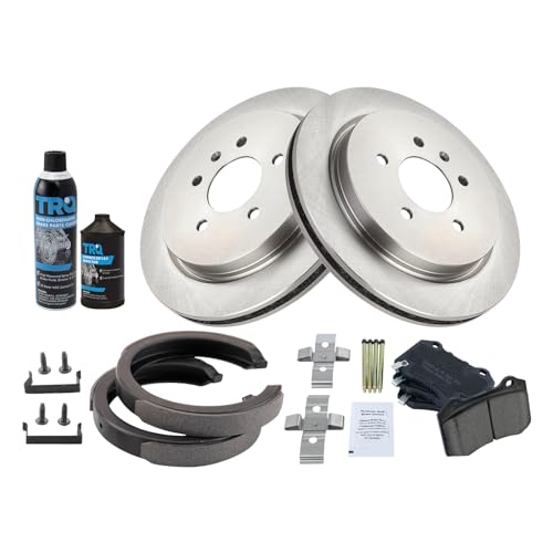 Image of TRQ Rear Brake Pad & Rotor Kit, with Chemical Kit Parking Brake Shoe Set Ceramic Compatible with 2006-2008 Cadillac STS
