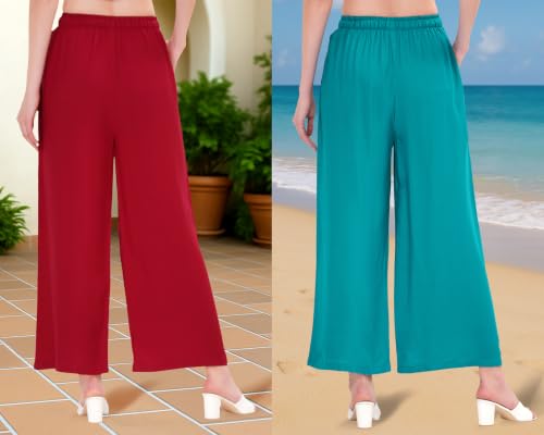 Image of Buy That Trendz Palazzo Pants for Women Rayon Elasticated Regular Fit Flared Wide Leg M to 6XL Pack of 2