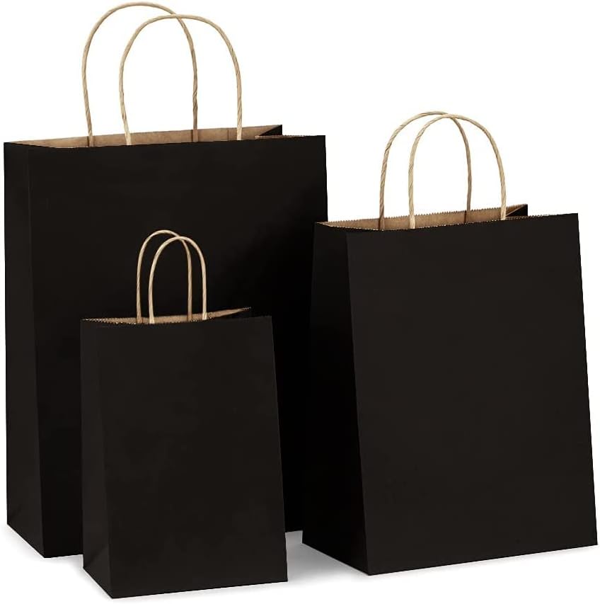 Black Paper Bags with Handles 30Pcs - HRUISE Small + Medium +Large Thickened Kraft Paper Gift Bags Set for Birthday Party Wedding Shopping Merchandise Grocery - 10pcs Each Size