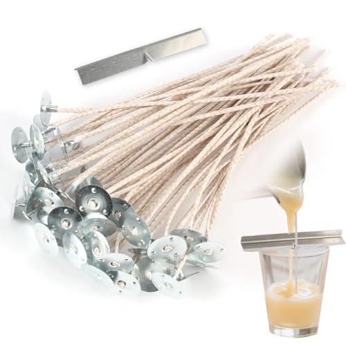 1 Support de Mèche & 50 Mèches de Bougie pour Bougies, Coton Biologique Naturel, Pré-Enduites de Cire de Soja – Durables, Inodores, Combustion Propre