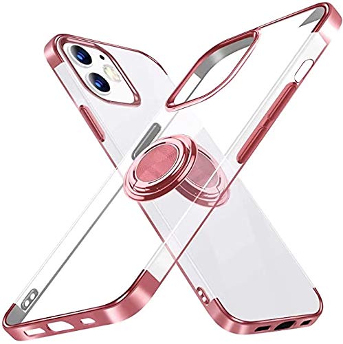 Smoony iPhone12 mini 用 ケース / iPhone13 mini 用 ケースリング付き 透明 柔軟性TPU クリア メッキ加工 スタンド機能回転リング 薄型 軽量 ソフト 耐衝撃カバー スマホケース 車載ホルダー対応 ストラップホール 取り出し易い 黄変防止 一体型 落下防止 アイフォン13ミニケース 携帯カバー