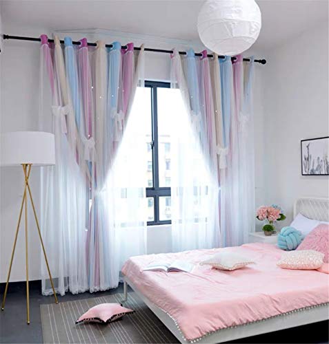 Image of Yancorp Room Darkening Light Blocking Pink Curtains White Sheer Lace Detachable Bow Ties Kids Room Decor Ombre Drapes Star Double Layer Window Panels Bedroom Living Room (Pink Blue, W52 X 96 inch)