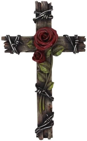 Polly House Rose with Wood Look Resin 10" CROSS Wall Cross for Home Decoration and Great for Gifts