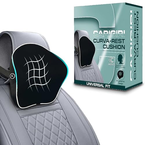 Image of Carigiri CurvaRest Car Neck Rest Pillow|1 Year Warranty|Memory Foam Neck Pillow| Seat Headrest Cushion| Car Neck Pillow for Neck Pain Relief in Office,Driving(Medium,Black,White Hemming,Pack of 1)