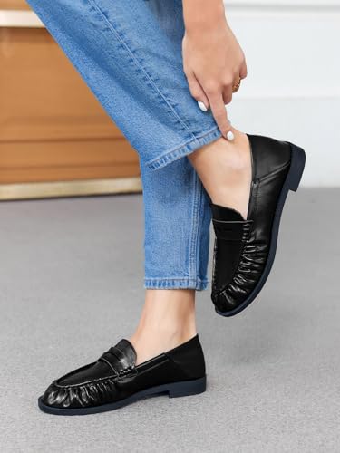 Image of Coutgo Penny Loafers for Women Comfortable Slip on Shoes Collapsible Heel Closed Toe Dressy Casual Work Flats