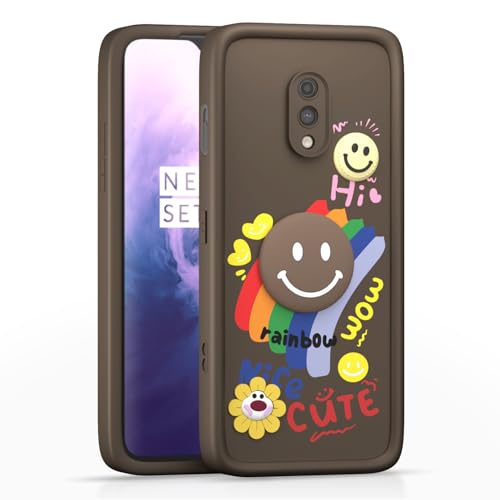 Image of Pikkme Back Cover for OnePlus 6T / Oneplus 7 | Soft Silicone| Cute Rainbow Smile & 3D Cartoon Flower Design | Shockproof Raised Camera Protection Bumper Case (Brown)