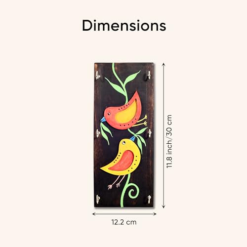 Image of AAKRITI ART CREATIONS Key Holder, Ini Mini Hand Painted Wooden Key Holder with Twin Bird Design | Rustic Mango Wood Wall Organizer with 6 Hooks | New Home Gifts.