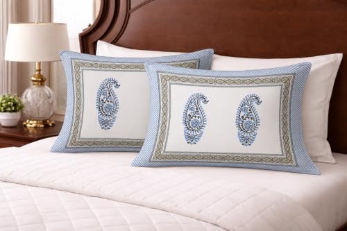 Image of ElanorHomes 180 TC Pure Cotton Pillow Covers Set of 2, Bedroom Pillows with Zip Closure, Soft Smooth Cool Breathable Pillowcases for Home (Blue Paisley Glow)