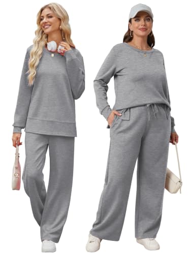 Image of OFEEFAN Women's 2 Piece Lounge Set Travel Airport Outfits Side Slit Tracksuit Wide Leg Loungewear Baggy Comfy Sweatsuit S-3XL