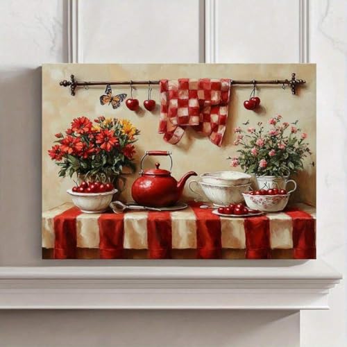 Toile nature morte de cuisine poétique aux cerises rouges