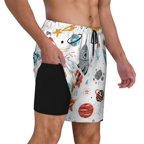 Men's Cartoon Rockets Print Quick-Dry Mesh Swim Trunks Stretch Lining Beach Shorts Surfing Summer Vacations Black