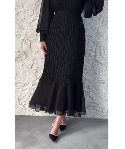 Sexyshine Women's Mock Neck Long Sleeve Full Pleated Chiffon Maxi Dress High Waist Belted A Line Cocktail Party Long Dress3