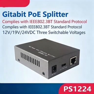 PS1224 Gigabit PoE Splitter IEEE 802.3bt Tipo 4 Alta Potencia 72W 12V 19V 24V Salida DC 10-100-1000Mbps Metal Unidad 1 para Cámara IP PTZ Industrial y AP Inalámbrico miniatura 2