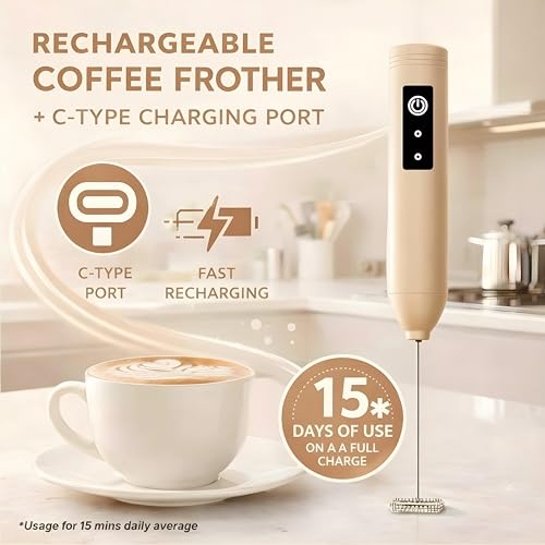 Image of Coffee Frother - Electric Rechargeable Coffee Maker Machine for Home Electric Coffee Frother & Milk Whisker | 1 Year Warranty | Free Recipe Book (Frother) (Ivory Beige)