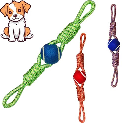 Generico Gioco Corda con PAlla Cane taglia PICCOLA o MEDIA,Forma Sferica, Resistente Intrecciata Anti Stress, Attività Motoria Esercizi Tirare, Cura Igiene Denti Gengive (34 Cm, DOPPIO NODO)