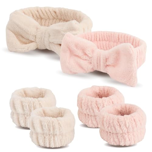 Image of Spa Headband and Wristband Set, Face Wash Headband Makeup Skincare Headband Wrist Bands Washing Face for Preppy Skincare Women Girl (Cream,Pink)