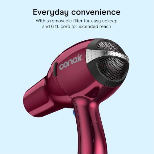 Image of Conair Hair Dryer with Diffuser, Concentrator & Round Brush, Burgundy | 1875W blow dryer for all hair types, includes 2 attachments and a round brush for added volume and defined texture