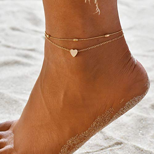 Jeairts Boho Heart Anklet Gold Beaded Anklet Bracelets Layered Beach Foot Chain Jewelry for Women and Girls