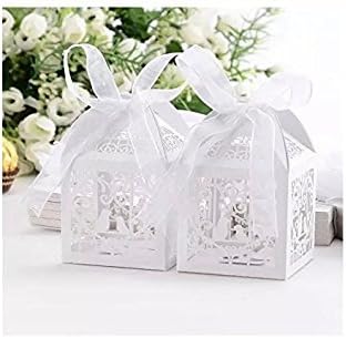 100pcs Laser Cut Love Bird Wedding Favor Candy Gifts Boxes with Ribbons - Bridal Shower & Party Favors White by Maibuyuu