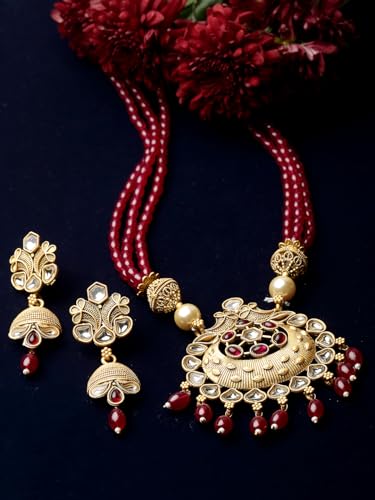 Image of Adiva Stylish Traditional Gold-Plated Kundan Stone Studded & Pearls Handcrafted Necklace with Earrings Jewellery Set for Women & Girls