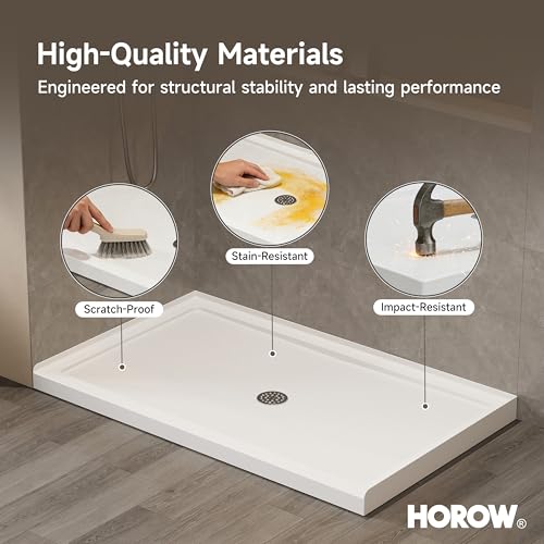 Image of HOROW 60 inch x 36 inch Shower Base, Center Drain Shower Pan, Low Profile Acrylic Base with Reinforced Fiberglass, Non-Slip Surface, Stainless Steel Drain Cover, Leak-Resistant for Bathroom