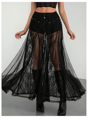 Verdusa Women's Contrast Lace Sheer Long Skirts A Line Low Waist Flared Flowy Skirt4