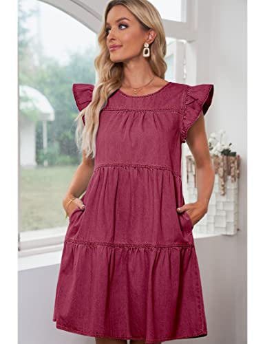 Image of luvamia 2025 Denim Dress for Women Summer Babydoll Sleeveless Ruffle Sleeve Mini Dresses Loose Flowy Swing Pleated Dress