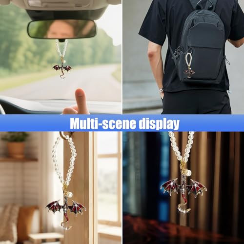 KPFILEH Bling Dragon Car Rear View Mirror Charm, Retro Dragons Automotive Hanging Pendant, Fantasy Rhinestone Pearls Vehicle Mirrors Ornament, Auto Interior Decoration Accessories (Red)