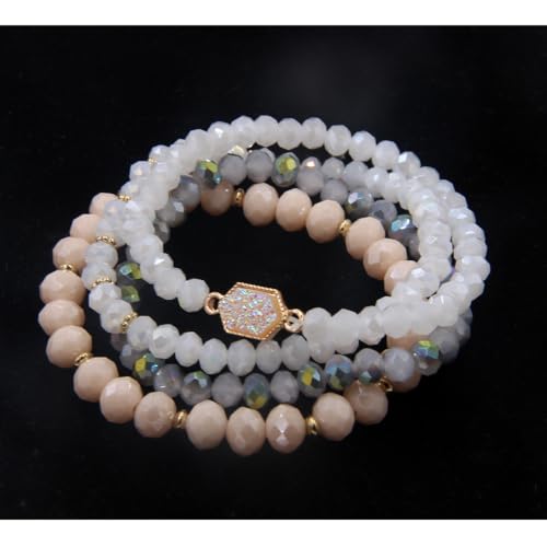 Gold Beaded Bracelet Set, Square Stone Hexagon Druzy Stretch Beaded Stackable Bracelets Bangles 6