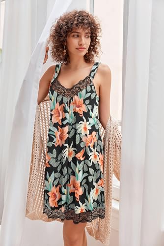 Ekouaer Damen Nachthemd Ärmellos Chemise Nachtwäsche Sexy Lose Full Slips Spitze Negligee V-Ausschnitt Nachtwäsche Soft Jersey Dessous orange Blumen L 4