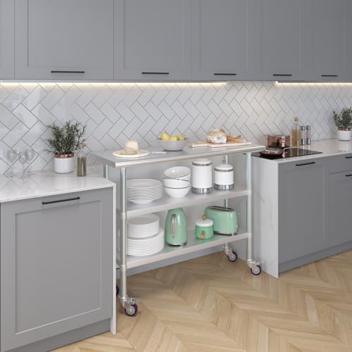 Image of AmGood Stainless Steel Work Table with 2 Shelves and Casters | Metal Utility Table On Wheels (Stainless Steel Work Table with 2 Shelves + Casters, 48 inch Long x 18 inch Deep)