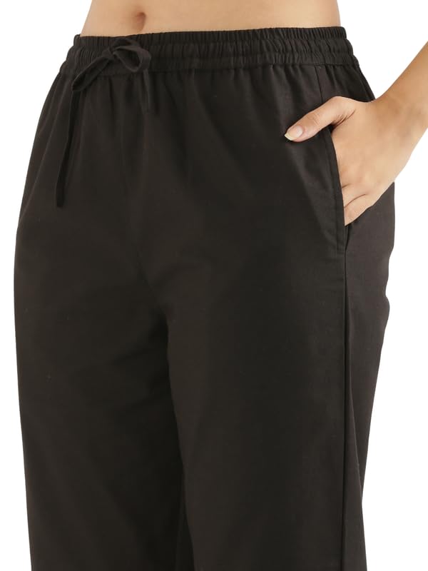 Image of SAADAA Cotton Straight Pants for Women | Breathable Everyday Wear Trousers | Drawstring, Deep Pockets & Elastic Waistband | Casual & Comfortable Fit