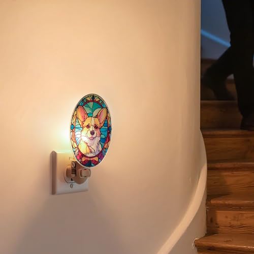Image of Dog Night Light Corgi, Stained Glass Styled Plug-in Wall Nightlight, Bulb Included, Pet Memorial Dog Lover Gift, Bedroom Hallway Bathroom Decor, Manual On /Off Switch