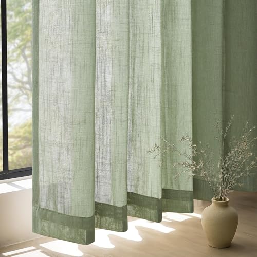 Topfinel 2 Stücke Vorhänge Kurz Salbeigrün Leinen Boho Gardinen Vorhänge mit Kräuselband Voile Vorhang Halbtransparent Vorhang kinderzimmer… – Ansicht 4