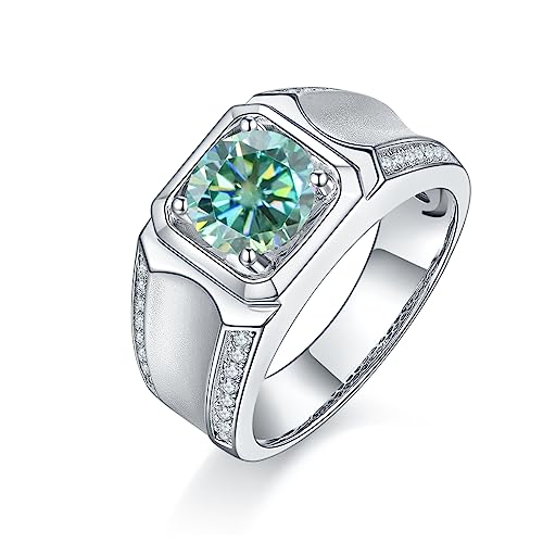 Gem's Beauty Green Moissanite Men's Rings 1.0ct 6.5mm D Color Green Moissanite Engagement Ring imitation Diamond Rings 925 Sterling Silver Wedding Ring for Men(Size 8-122