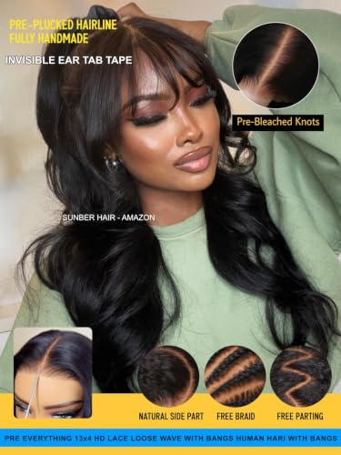 Image of Sunber Curtain Bangs Bye Bye Knots 13X4 HD Lace Front Wig Human Hair 16 inch