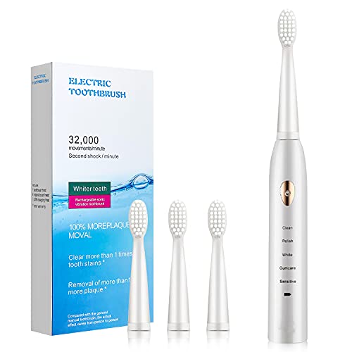 Electric Toothbrush for Adults with Powerful Sonic Cleaning - Whitening Toothbrushes with Smart Timer, 5 Modes, 4 Brush Heads & 1Dust Cover, Dentist Recommended Rechargeable. (White)