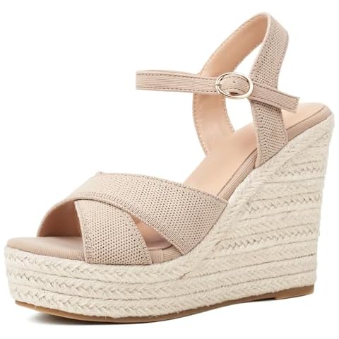 Lhamo Latso Espadrille Wedge Sandals for Women, Women's Platform Wedge Heels, High Heel Summer Wedges for Women with Breathable Knitted Textile Upper Open Toe Ankle Strap, Beige Size 8.5 Cover