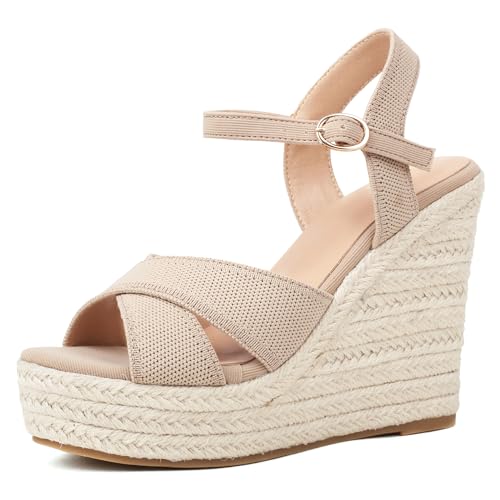Espadrille Wedge Sandals for Women, Women's Platform Wedge Heels, High Heel Summer Wedges for Women with Breathable Knitted Textile Upper Open Toe Ankle Strap