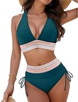 Hicodbek Bikini Damen Set Sexy Badeanzug Bademode Hohe Taille Farbblock Zweiteiliger Kordelzug Badeanzüge Bikinis für Frauen (DE/NL/SE/PL, Alphanumerisch, M, Regular, Regular, Dunkelgrün)