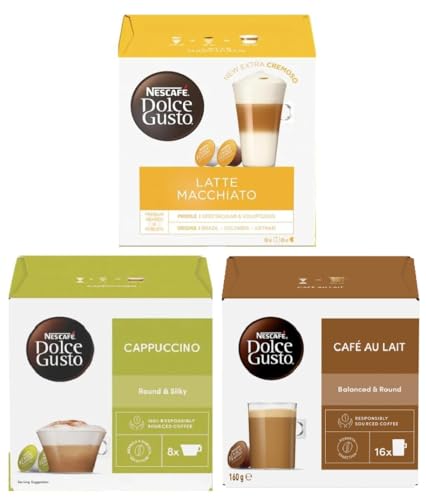 NESCAFÉ DOLCE GUSTO Variety Pack Coffee Pods (Pack of 3, Total 48 Capsules) – Cappuccino, Latte Macchiato & Café Au Lait