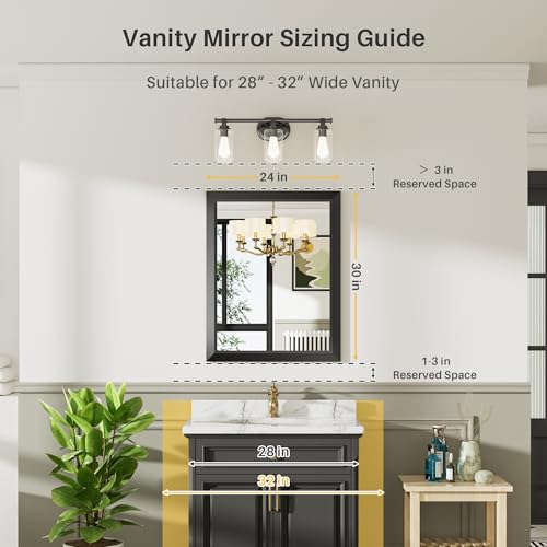 24x30 Inch Black Bathroom Mirror for Wall, Thick Metal Framed Rectangle Mirrors for Over Sink, Bedroom, Living Room, Entryway, Anti-Rust, HD Tempered Glass