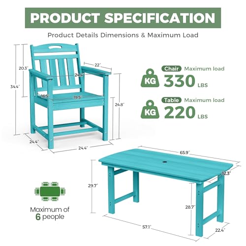 Image of HDPE Outdoor Dining Set, Patio Table and Chairs Set, All-Weather 5-Piece Outside Table and 4 Chairs, 2 inch Umbrella Hole, Outdoor Furniture for Garden, Poolside, Backyard, Deck | Lake Blue