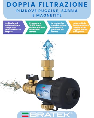 Bratek Defangatore Boiler – Filter für Heizkessel, magnetisch, 10.000 Gauss, Kondensationskessel, hält Rost, Eisen und Sand bis zu 800 µ – Anschlüsse Messing 3/4 Zoll, 4-90 °C, 6 Bar