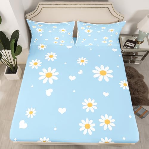 Image of Daisy Flowers Bed Sheet Set Kids Garden Theme Sheets Set 4pc Yellow White Blue Microfiber Soft Bedding Set,1 Flat Sheet,1 Deep Pocket Fitted Sheet,2 Pillow Cases(King Size)