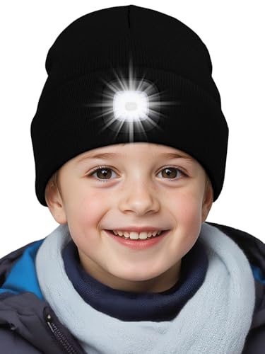 SPGOOD Wiederaufladbare mütze mit LED licht für Kinder, für Jungen und Mädchen, abnehmbare und waschbare warme beleuchtete mütze mit Lampe für den Winter im...