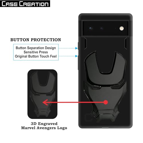 Image of COVERLY Official 3D Touch Feel Trending Marvel Avengers Logo Mask Soft Rugged Grip Silicone Iron Man Super Power Cartoon Movie Engraved Silicone Matte Back Cover for Google Pixel 6 H870 - Black