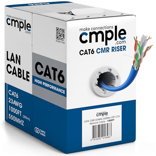 Cmple - Cat6 Cable 1000ft Bulk Lan Ethernet Cat 6 Wire Network UTP 23AWG CMR Riser 10Gbps 550 MHz Pull Box 1000 Feet Blue