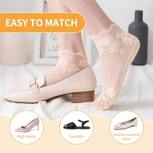 Image of SooGree 3Pairs Lace Socks No Show Frilly Ankle Socks Knit Cotton Socks Non Slip Low Cut Socks for Women Lace Floor Socks